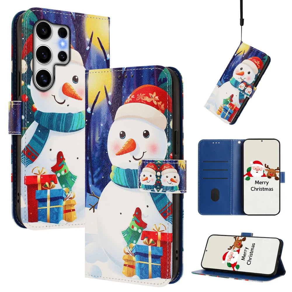 For Samsung Galaxy S25 Ultra Wallet Case Christmas Pattern Printing Leather Phone Cover with Lanyard - Gift Box Snowman - 2