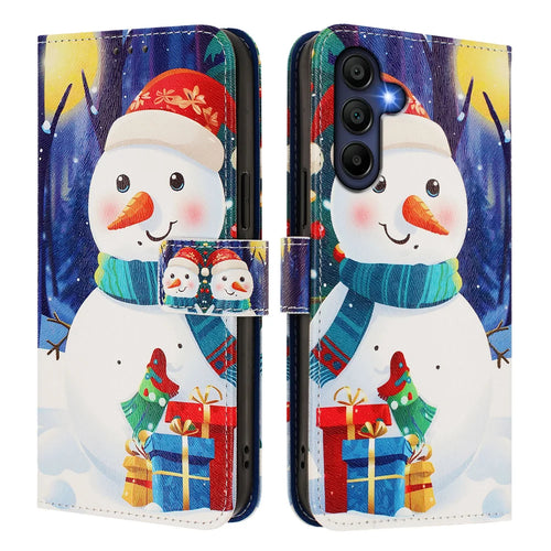 For Samsung Galaxy A16 4G / Galaxy A16 5G Wallet Case Christmas Pattern Printing Leather Phone Cover with Lanyard - Gift Box Snowman - 1