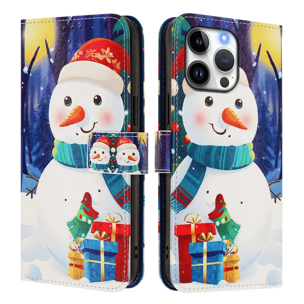 For iPhone 16 Pro Max Wallet Case Christmas Pattern Printing Leather Phone Cover with Lanyard - Gift Box Snowman - 1