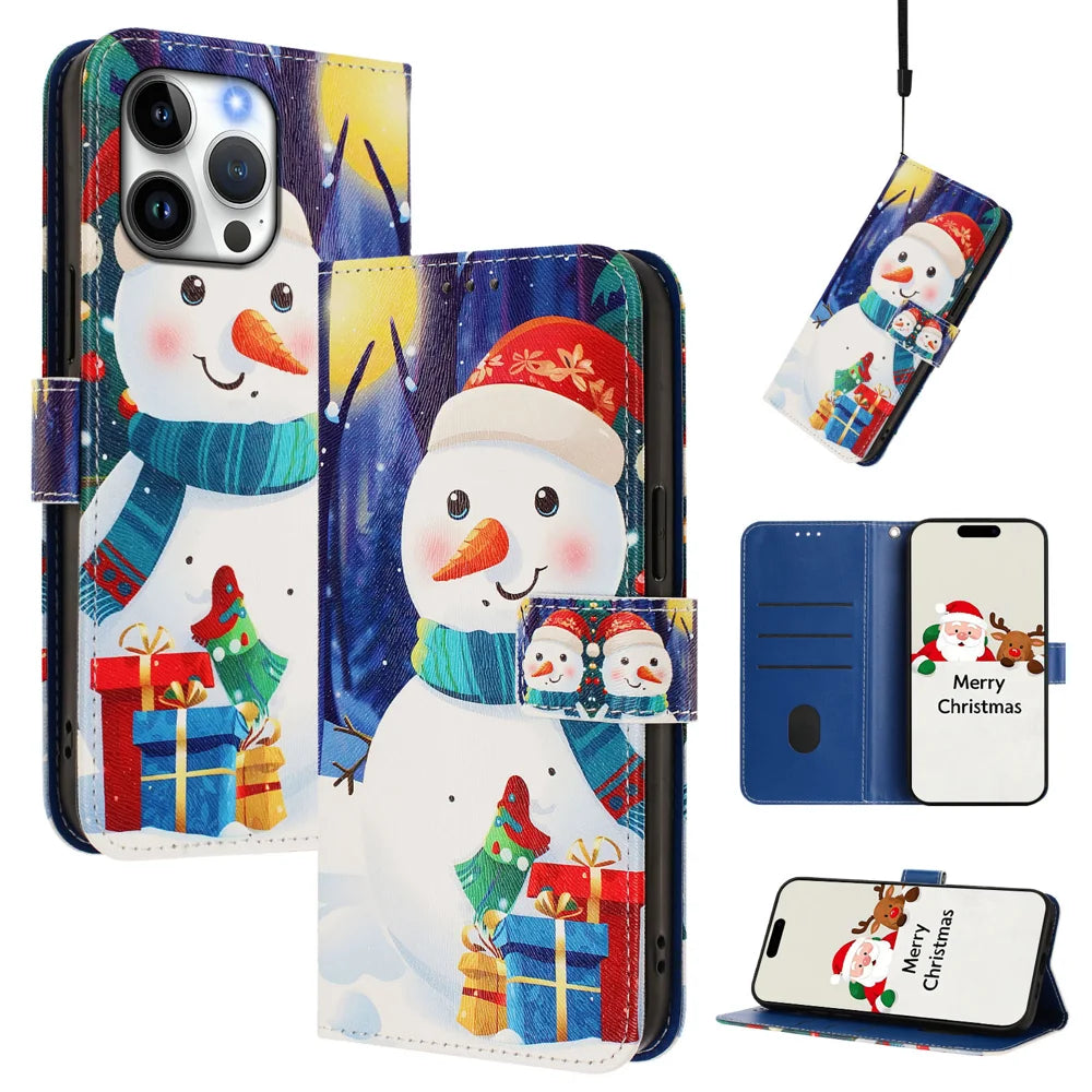 For iPhone 16 Pro Max Wallet Case Christmas Pattern Printing Leather Phone Cover with Lanyard - Gift Box Snowman - 2