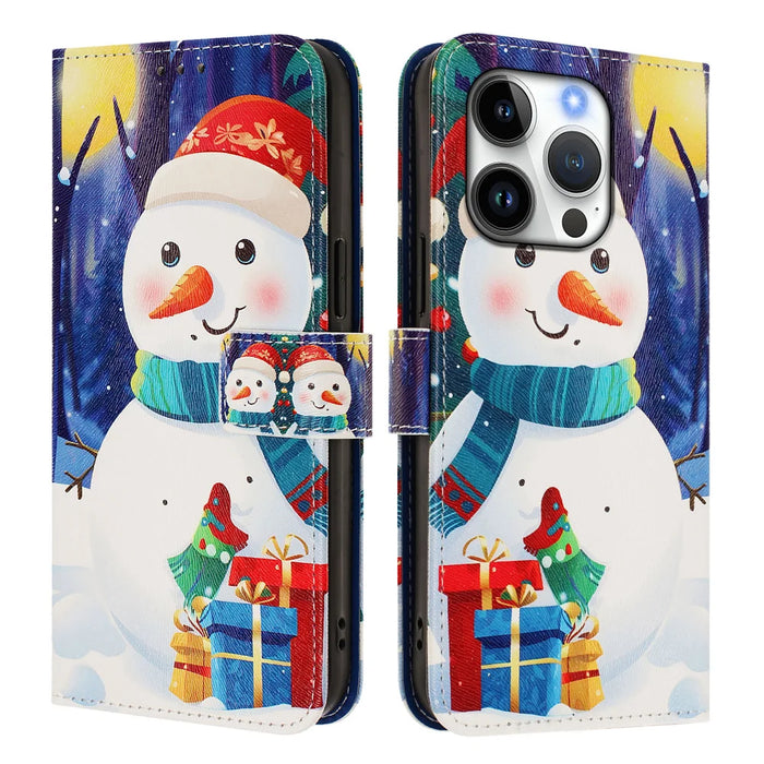 For iPhone 16 Pro Wallet Case Christmas Pattern Printing Leather Phone Cover with Lanyard - Gift Box Snowman - 1
