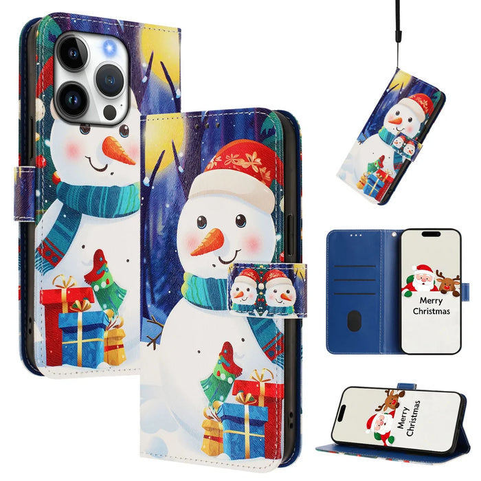 For iPhone 16 Pro Wallet Case Christmas Pattern Printing Leather Phone Cover with Lanyard - Gift Box Snowman - 2