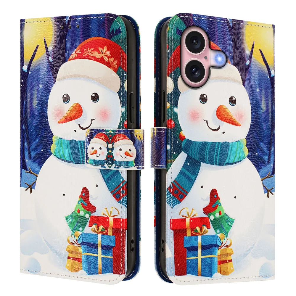 For iPhone 16 Wallet Case Christmas Pattern Printing Leather Phone Cover with Lanyard - Gift Box Snowman - 1