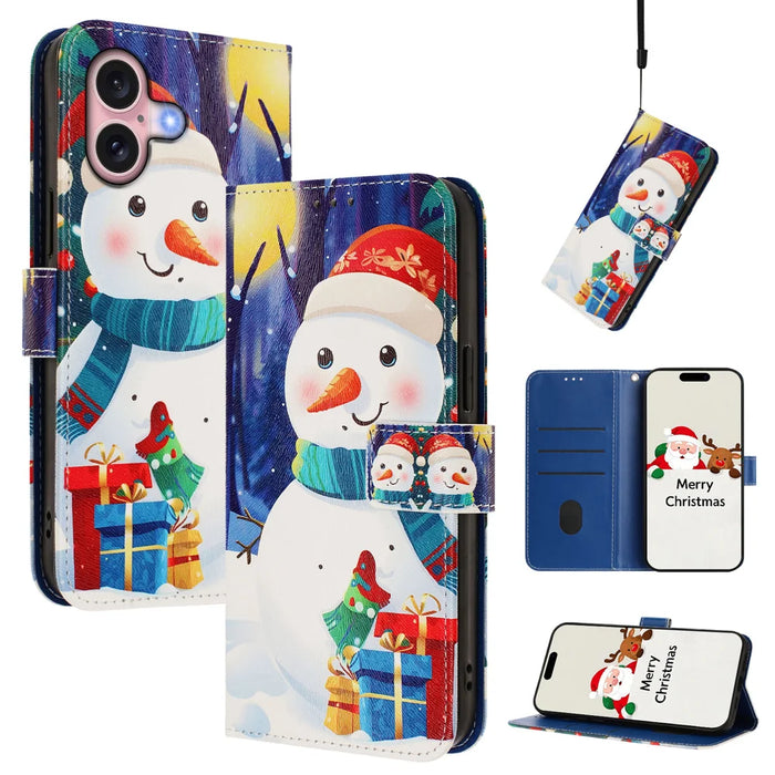 For iPhone 16 Wallet Case Christmas Pattern Printing Leather Phone Cover with Lanyard - Gift Box Snowman - 2