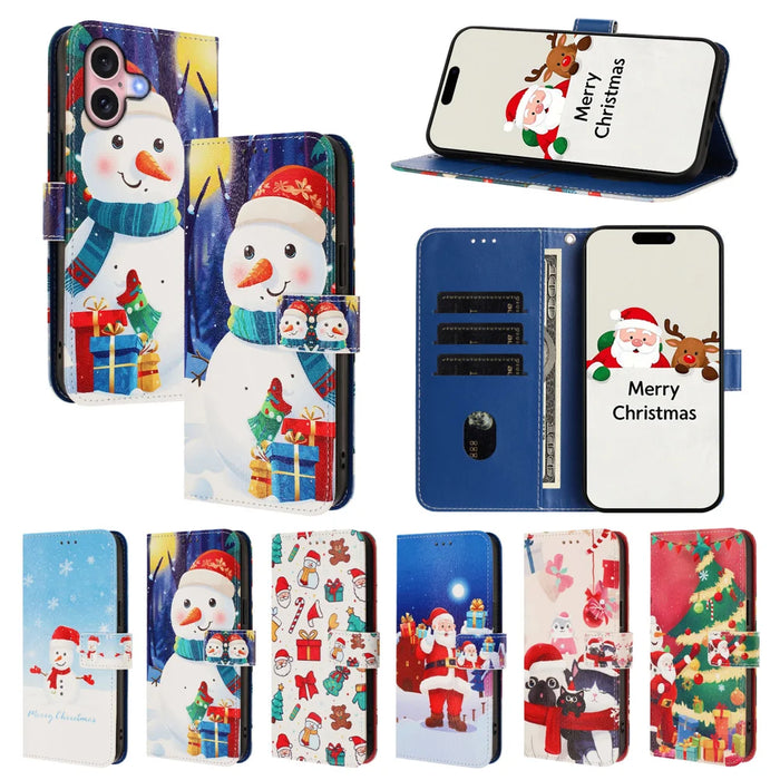 For iPhone 16 Wallet Case Christmas Pattern Printing Leather Phone Cover with Lanyard - Gift Box Snowman - 4
