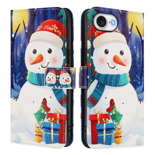 For iPhone 17e / 16e Wallet Case Christmas Pattern Printing Leather Phone Cover with Lanyard - Gift Box Snowman - 1