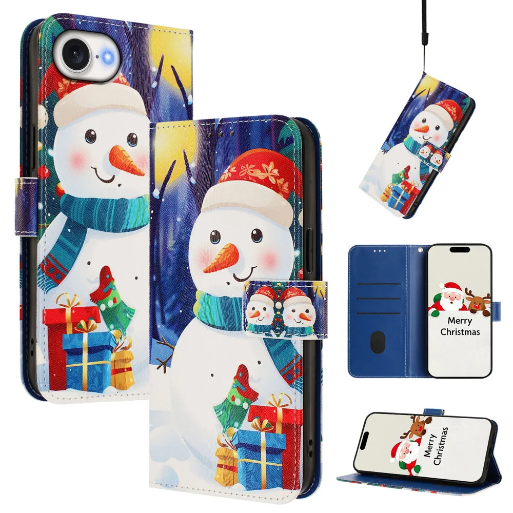 For iPhone 17e / 16e Wallet Case Christmas Pattern Printing Leather Phone Cover with Lanyard - Gift Box Snowman - 2