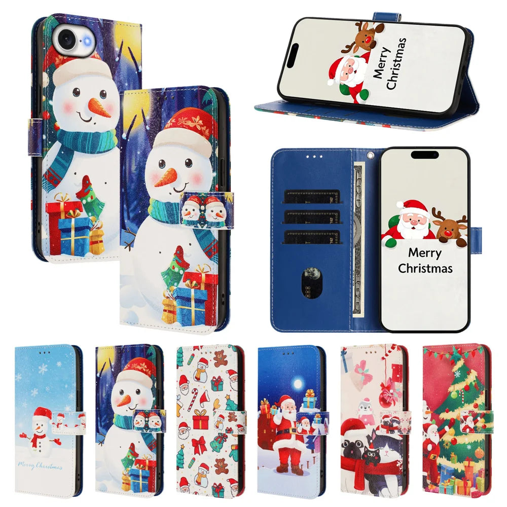 For iPhone 17e / 16e Wallet Case Christmas Pattern Printing Leather Phone Cover with Lanyard - Gift Box Snowman - 4