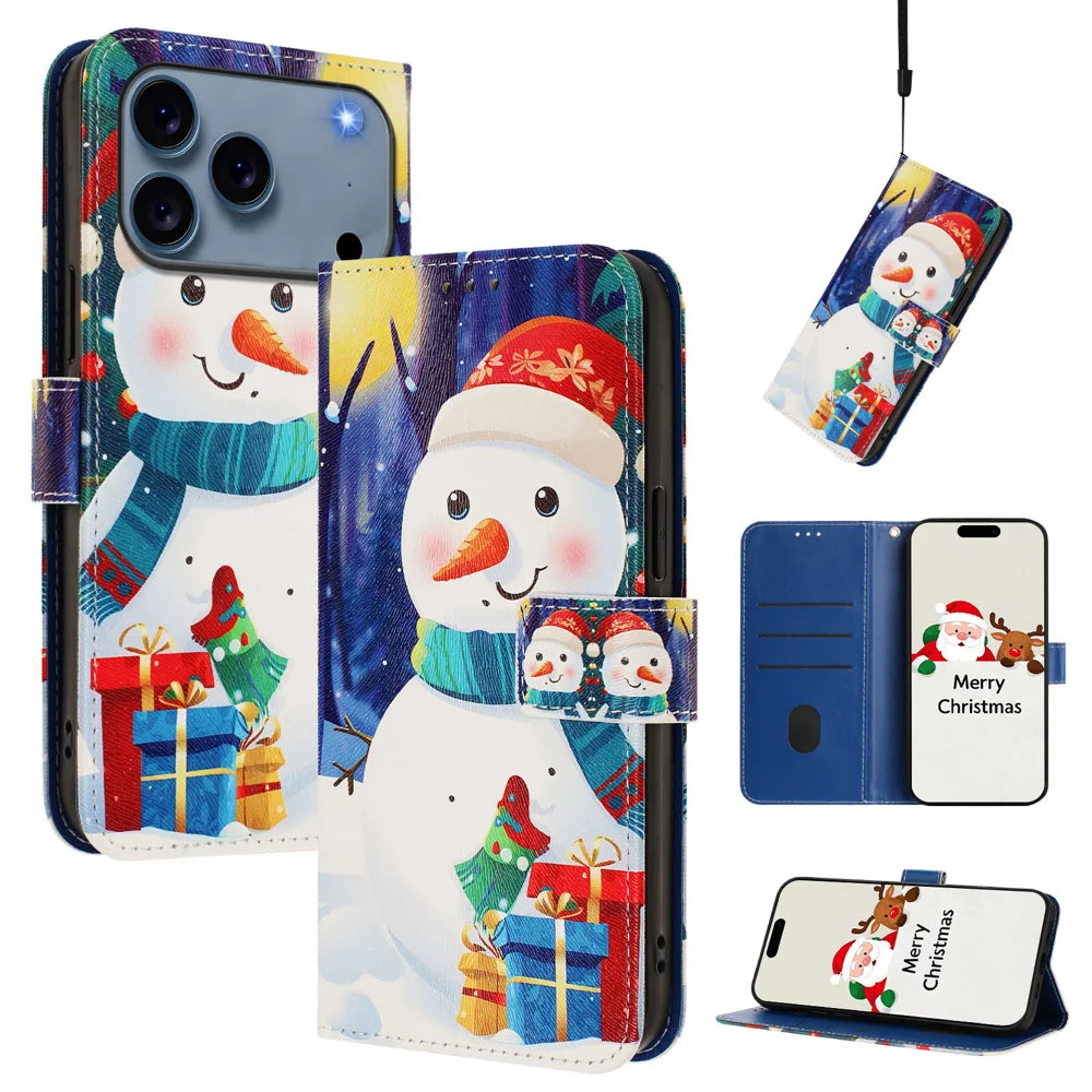 For iPhone 18 Pro Max / 17 Pro Max Wallet Case Christmas Pattern Printing Leather Phone Cover with Lanyard - Gift Box Snowman - 2