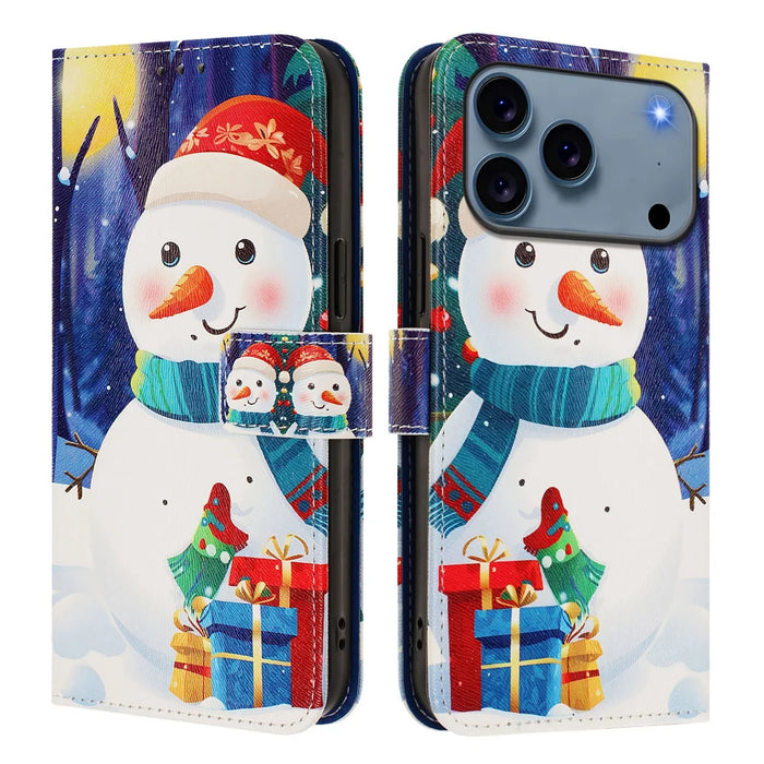 For iPhone 18 Pro / 17 Pro Wallet Case Christmas Pattern Printing Leather Phone Cover with Lanyard - Gift Box Snowman - 1