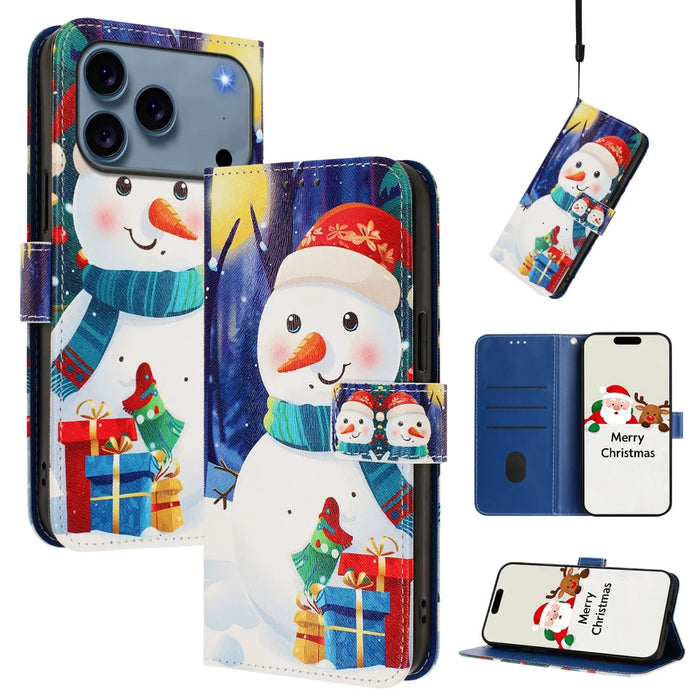 For iPhone 18 Pro / 17 Pro Wallet Case Christmas Pattern Printing Leather Phone Cover with Lanyard - Gift Box Snowman - 2