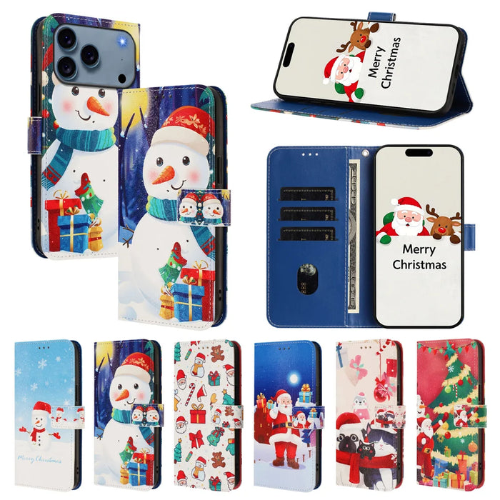 For iPhone 18 Pro / 17 Pro Wallet Case Christmas Pattern Printing Leather Phone Cover with Lanyard - Gift Box Snowman - 3