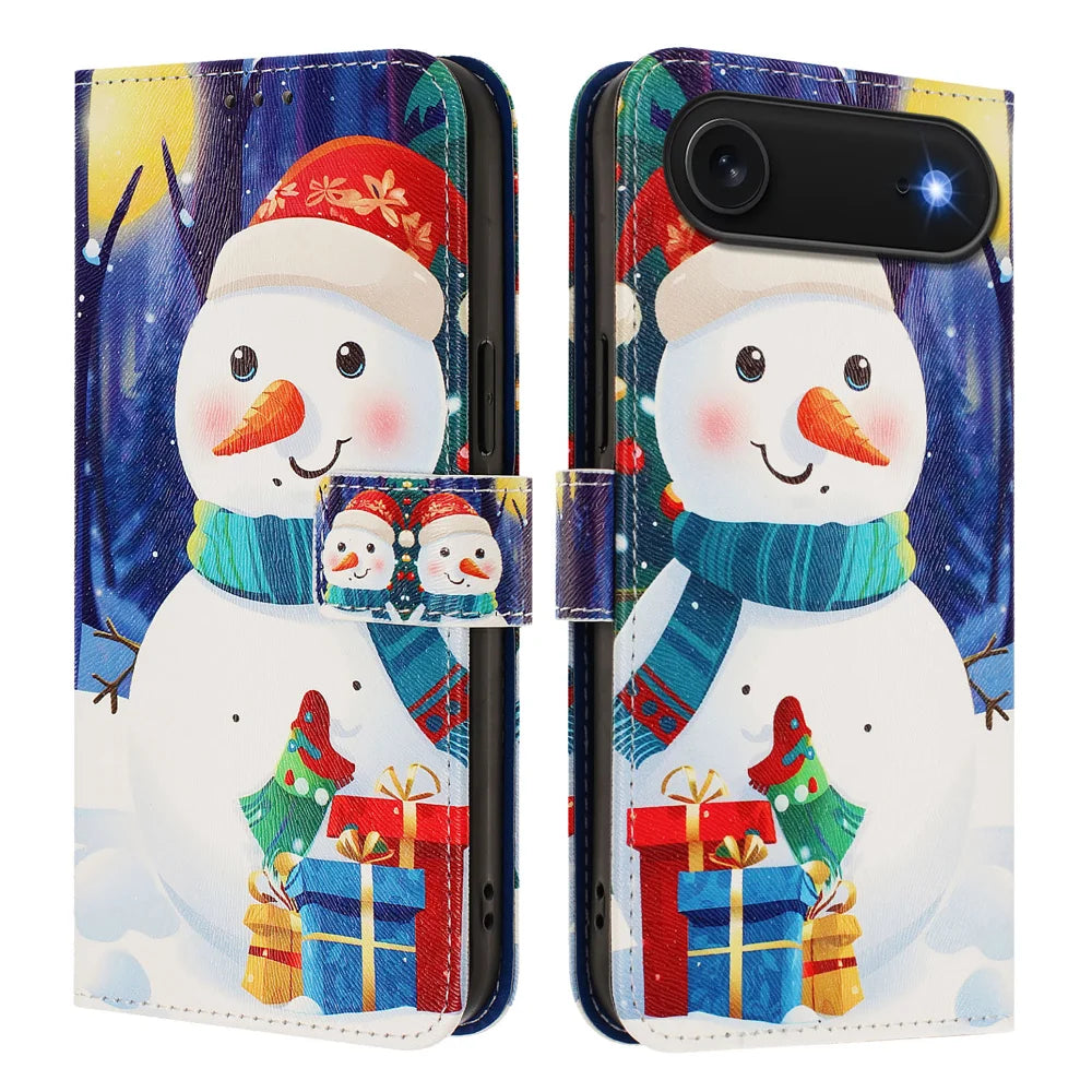 For iPhone Air Wallet Case Christmas Pattern Printing Leather Phone Cover with Lanyard - Gift Box Snowman - 1