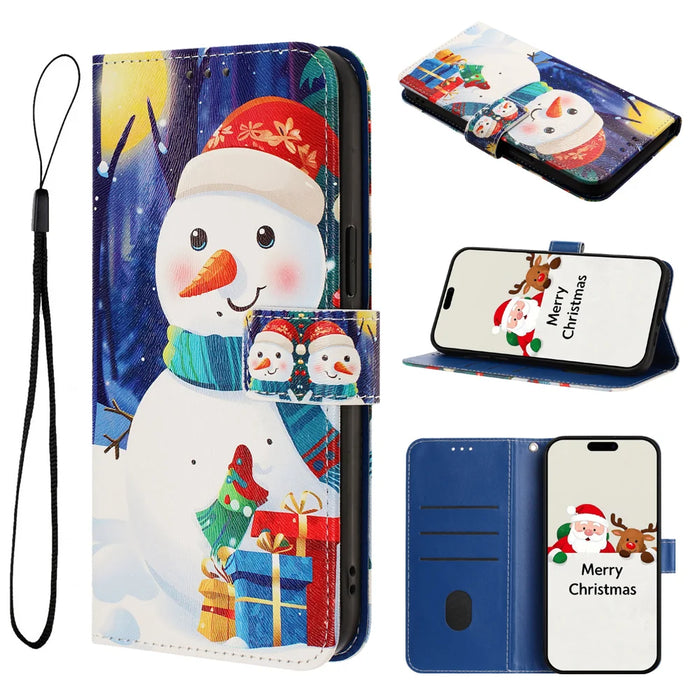 For iPhone Air Wallet Case Christmas Pattern Printing Leather Phone Cover with Lanyard - Gift Box Snowman - 4