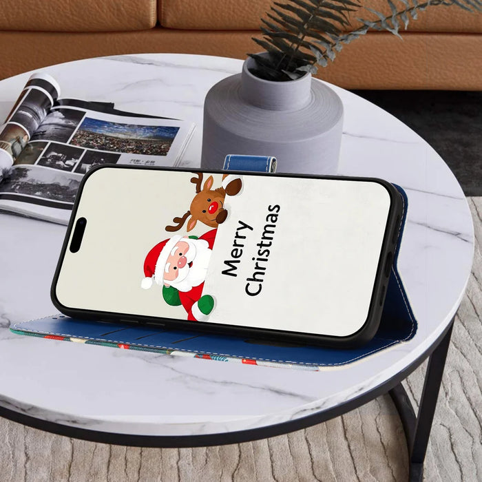 For iPhone Air Wallet Case Christmas Pattern Printing Leather Phone Cover with Lanyard - Gift Box Snowman - 7