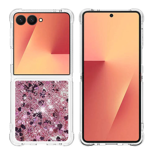 For Samsung Galaxy Z Flip7 5G TPU Case Glitter Quicksand Shockproof Phone Back Cover - Rose Gold / Hearts - 1