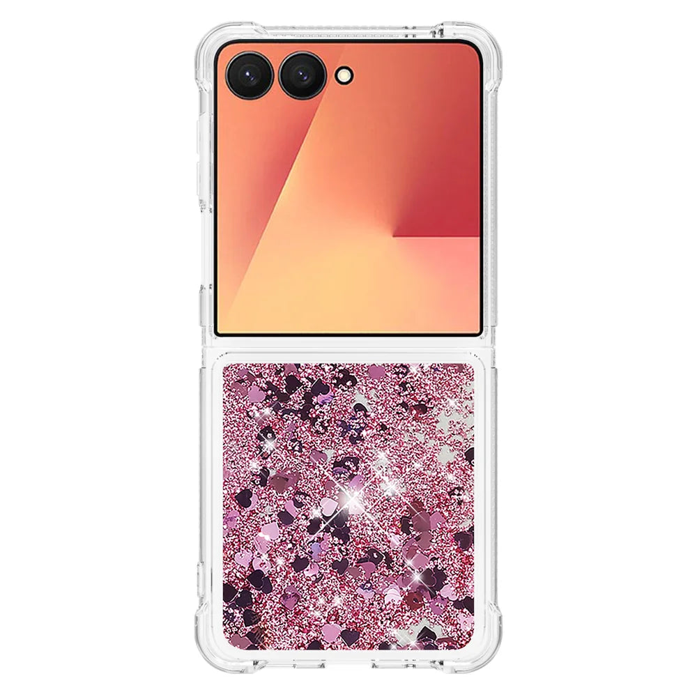 For Samsung Galaxy Z Flip7 5G TPU Case Glitter Quicksand Shockproof Phone Back Cover - Rose Gold / Hearts - 2