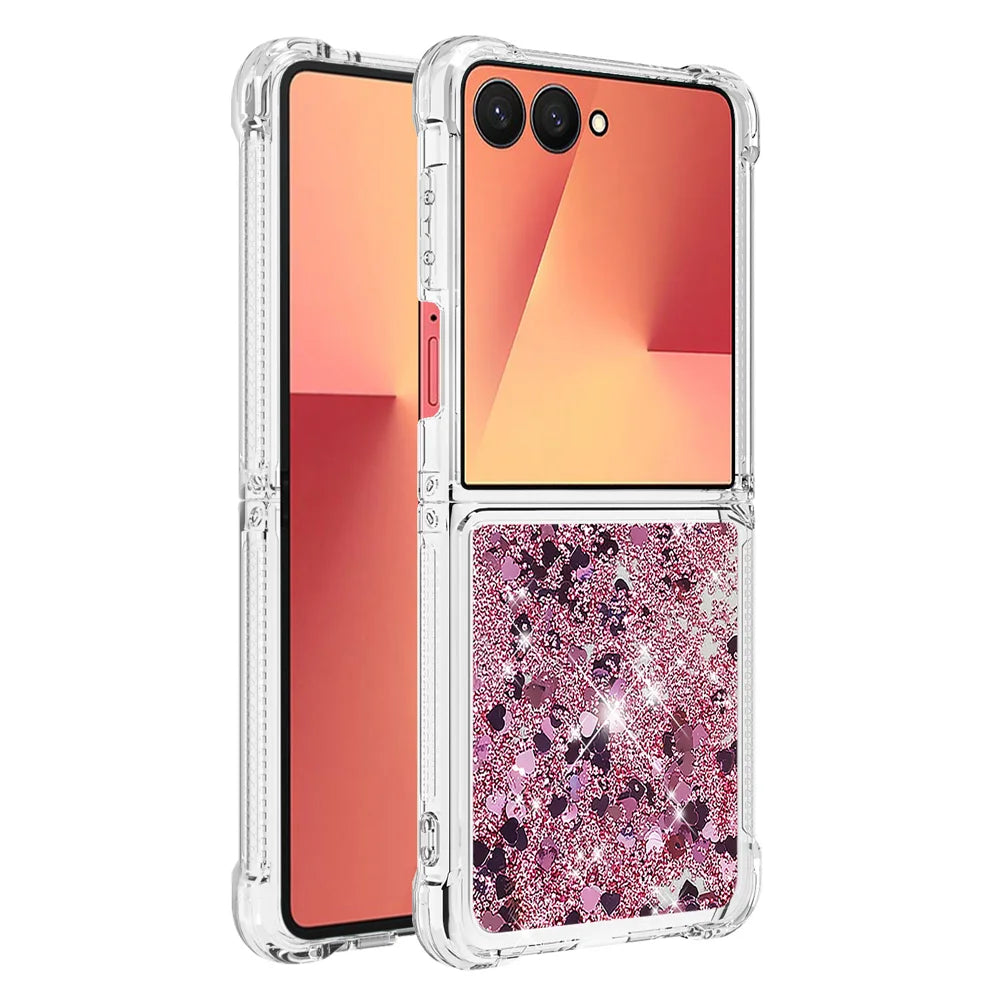 For Samsung Galaxy Z Flip7 5G TPU Case Glitter Quicksand Shockproof Phone Back Cover - Rose Gold / Hearts - 3