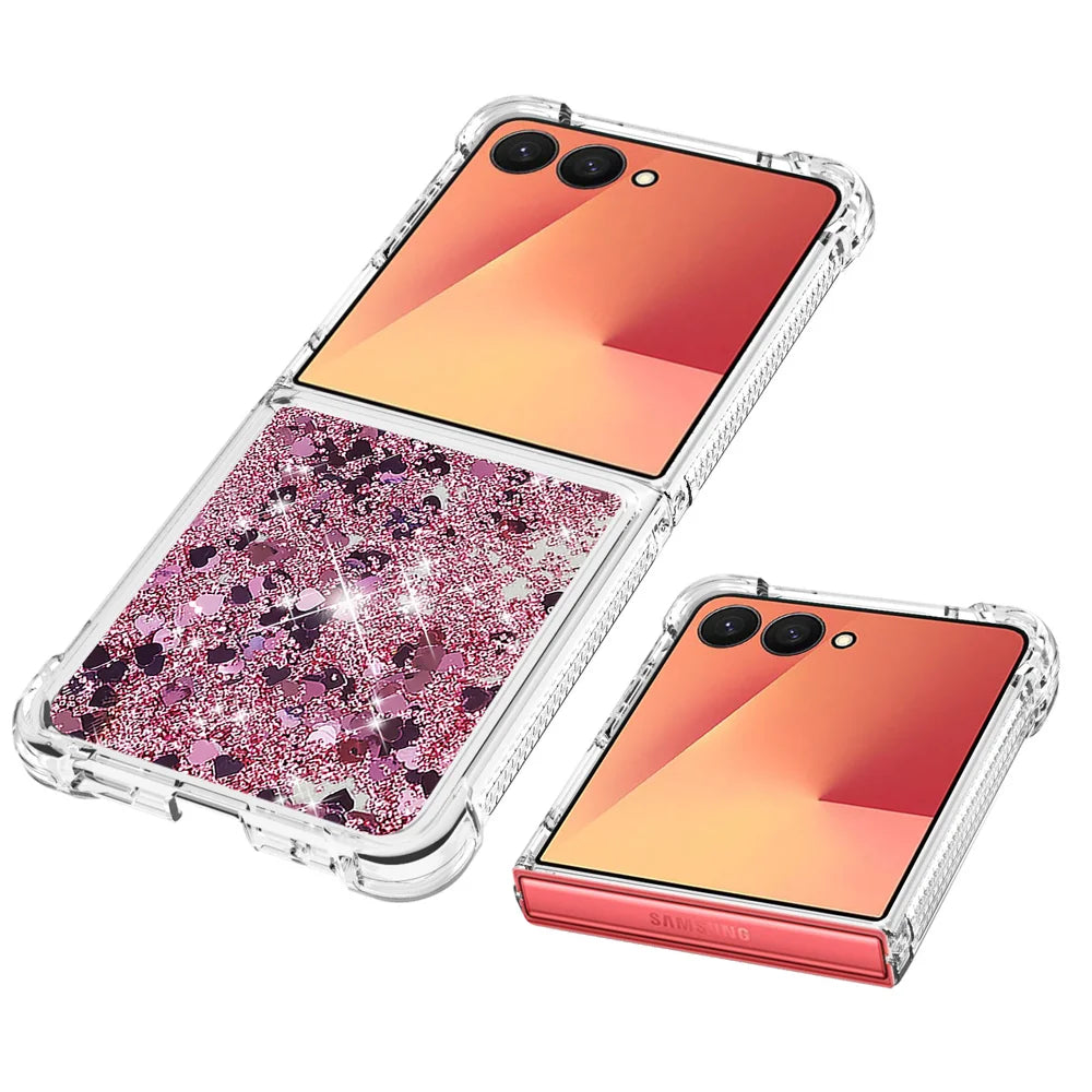 For Samsung Galaxy Z Flip7 5G TPU Case Glitter Quicksand Shockproof Phone Back Cover - Rose Gold / Hearts - 4