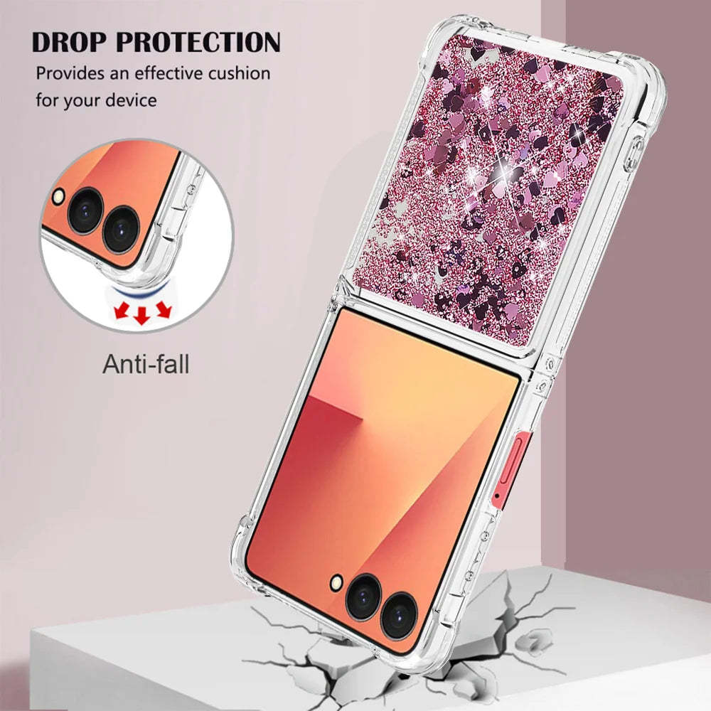 For Samsung Galaxy Z Flip7 5G TPU Case Glitter Quicksand Shockproof Phone Back Cover - Rose Gold / Hearts - 5