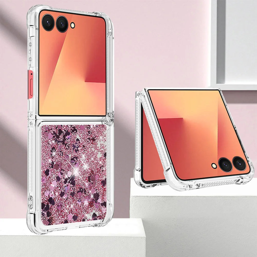 For Samsung Galaxy Z Flip7 5G TPU Case Glitter Quicksand Shockproof Phone Back Cover - Rose Gold / Hearts - 6