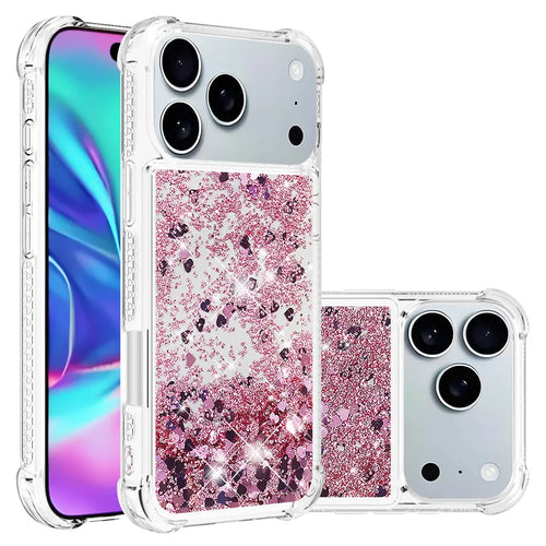 For iPhone 17 Pro Max TPU Case Glitter Quicksand Shockproof Phone Back Cover - Rose Gold / Hearts - 1