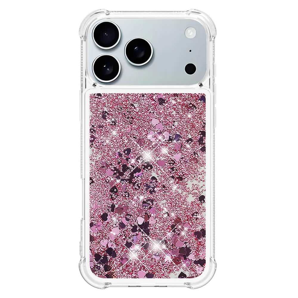 For iPhone 17 Pro Max TPU Case Glitter Quicksand Shockproof Phone Back Cover - Rose Gold / Hearts - 2