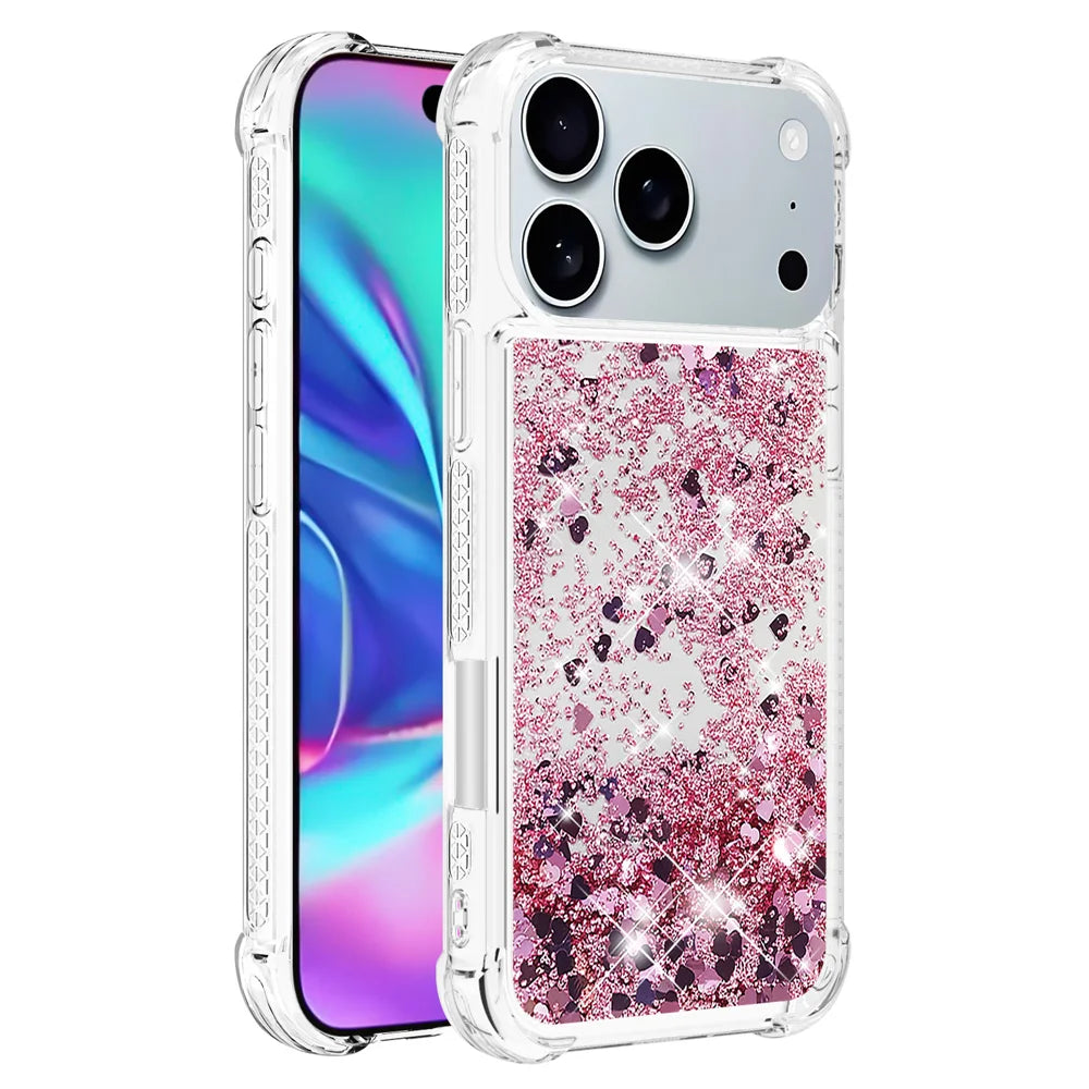 For iPhone 17 Pro Max TPU Case Glitter Quicksand Shockproof Phone Back Cover - Rose Gold / Hearts - 3