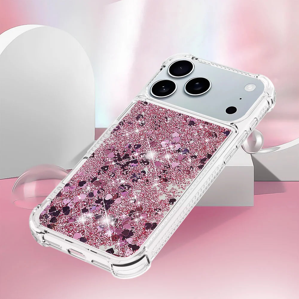 For iPhone 17 Pro Max TPU Case Glitter Quicksand Shockproof Phone Back Cover - Rose Gold / Hearts - 5