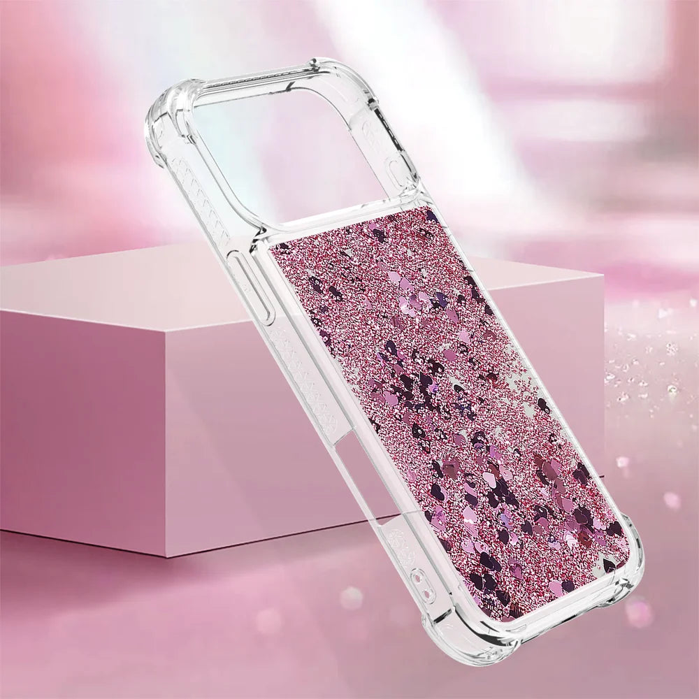 For iPhone 17 Pro Max TPU Case Glitter Quicksand Shockproof Phone Back Cover - Rose Gold / Hearts - 6