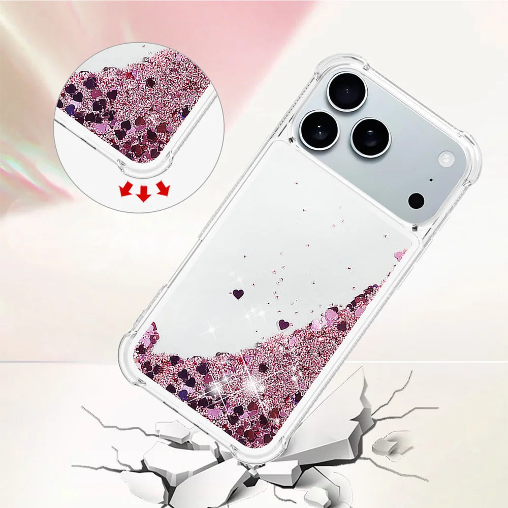 For iPhone 18 Pro / 17 Pro TPU Case Glitter Quicksand Shockproof Phone Back Cover - Rose Gold / Hearts - 4