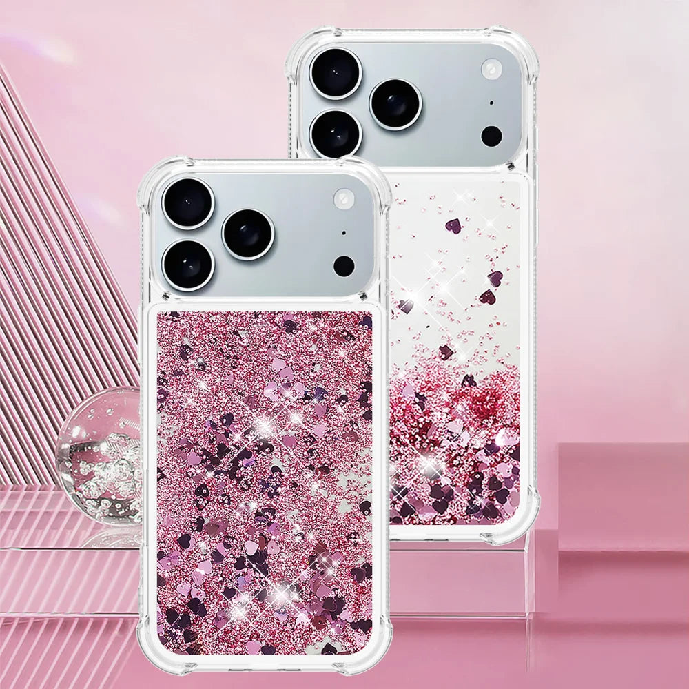 For iPhone 18 Pro / 17 Pro TPU Case Glitter Quicksand Shockproof Phone Back Cover - Rose Gold / Hearts - 7