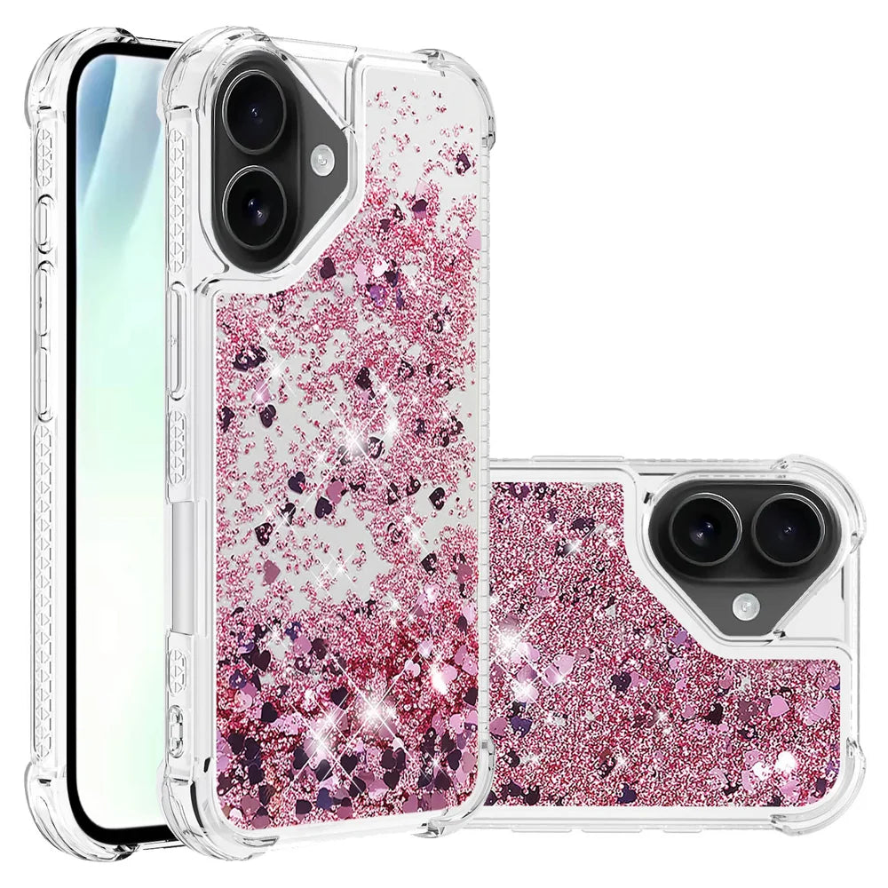 For iPhone 17 TPU Case Glitter Quicksand Shockproof Phone Back Cover - Rose Gold / Hearts - 1