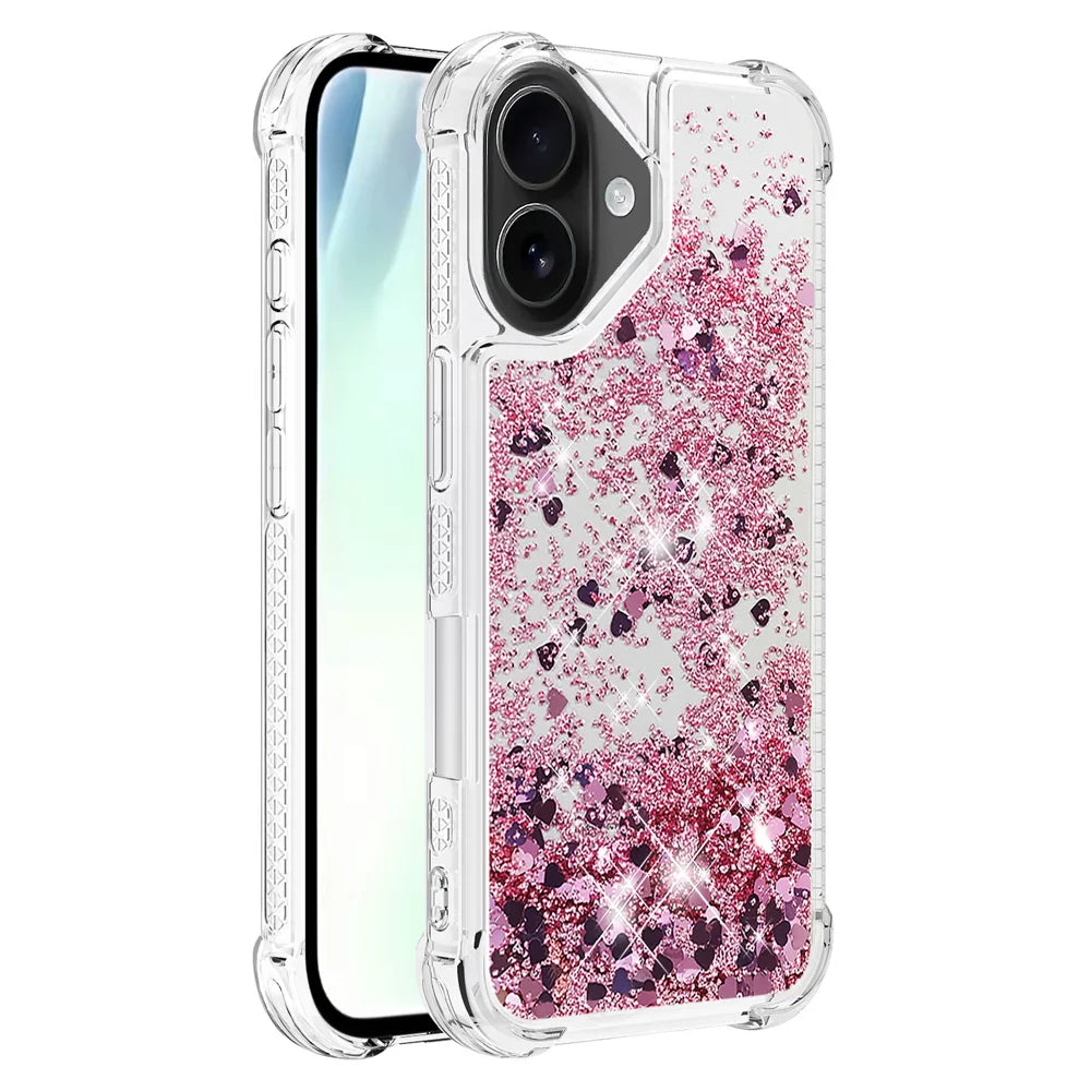 For iPhone 17 TPU Case Glitter Quicksand Shockproof Phone Back Cover - Rose Gold / Hearts - 3