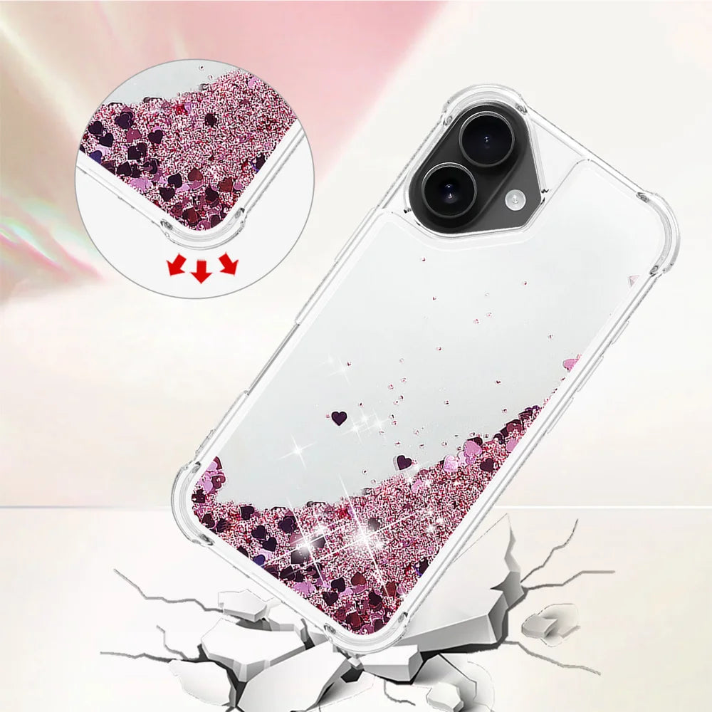 For iPhone 17 TPU Case Glitter Quicksand Shockproof Phone Back Cover - Rose Gold / Hearts - 4