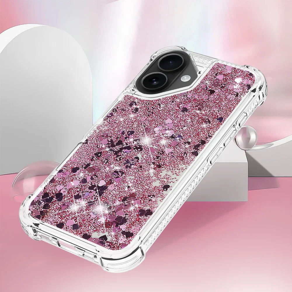 For iPhone 17 TPU Case Glitter Quicksand Shockproof Phone Back Cover - Rose Gold / Hearts - 5