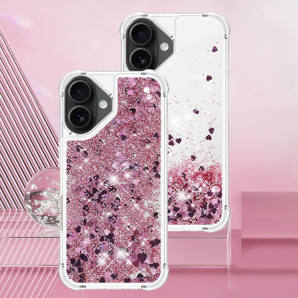 For iPhone 17 TPU Case Glitter Quicksand Shockproof Phone Back Cover - Rose Gold / Hearts - 7