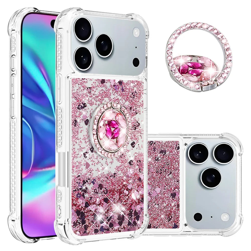 For iPhone 18 Pro Max / 17 Pro Max TPU Case with Kickstand Quicksand Shockproof Cover - Rose Gold / Hearts - 1