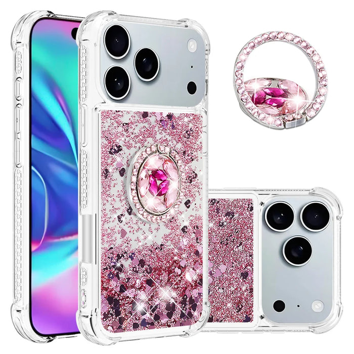 For iPhone 18 Pro Max / 17 Pro Max TPU Case with Kickstand Quicksand Shockproof Cover - Rose Gold / Hearts - 1