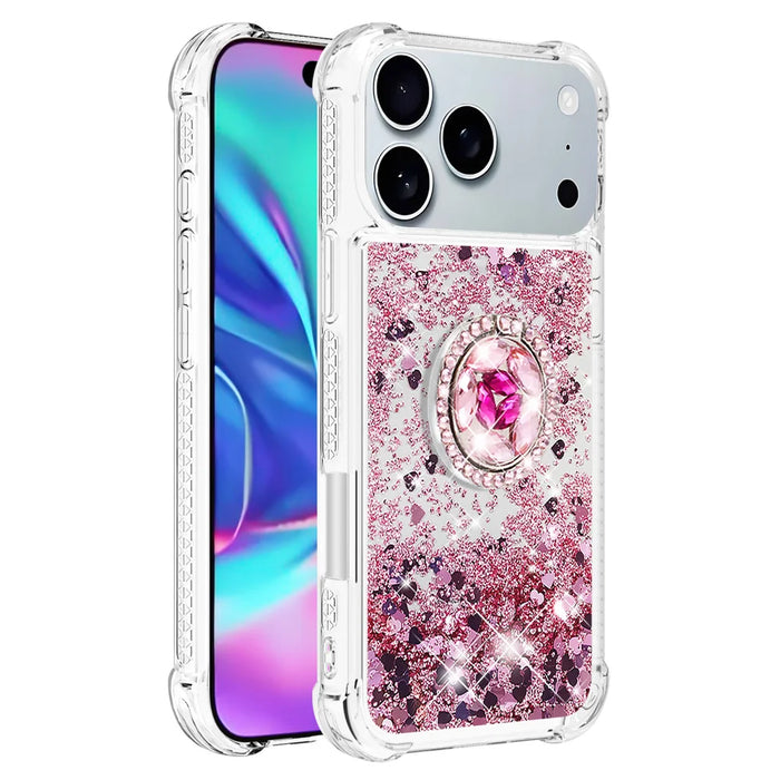 For iPhone 18 Pro Max / 17 Pro Max TPU Case with Kickstand Quicksand Shockproof Cover - Rose Gold / Hearts - 3