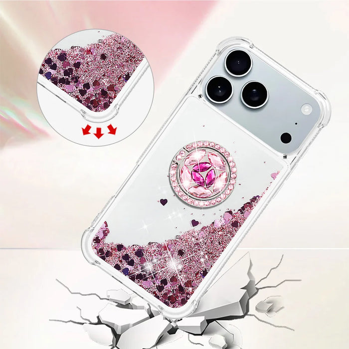 For iPhone 18 Pro Max / 17 Pro Max TPU Case with Kickstand Quicksand Shockproof Cover - Rose Gold / Hearts - 4