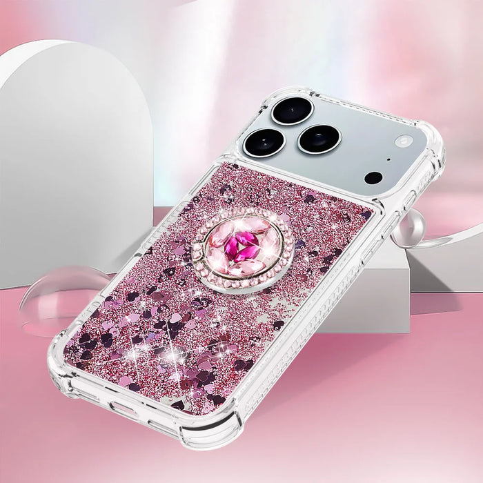 For iPhone 18 Pro Max / 17 Pro Max TPU Case with Kickstand Quicksand Shockproof Cover - Rose Gold / Hearts - 5