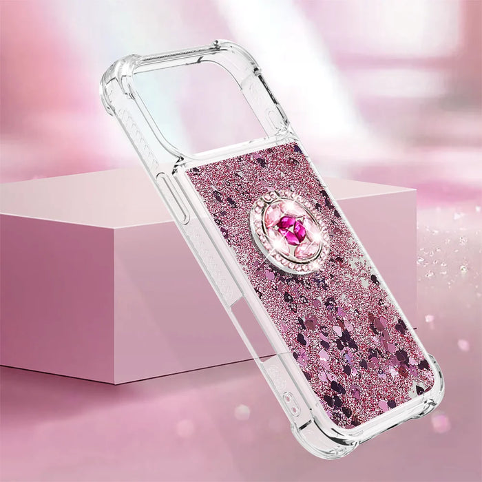 For iPhone 18 Pro Max / 17 Pro Max TPU Case with Kickstand Quicksand Shockproof Cover - Rose Gold / Hearts - 6