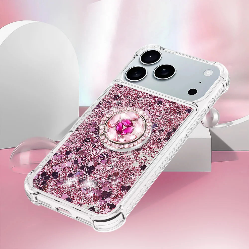 For iPhone 18 Pro / 17 Pro TPU Case with Kickstand Quicksand Shockproof Cover - Rose Gold / Hearts - 5
