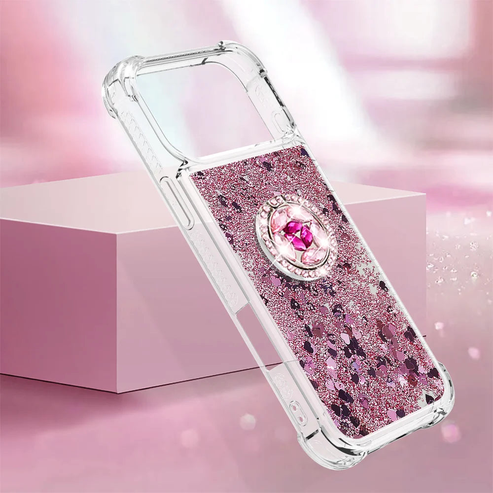 For iPhone 18 Pro / 17 Pro TPU Case with Kickstand Quicksand Shockproof Cover - Rose Gold / Hearts - 6