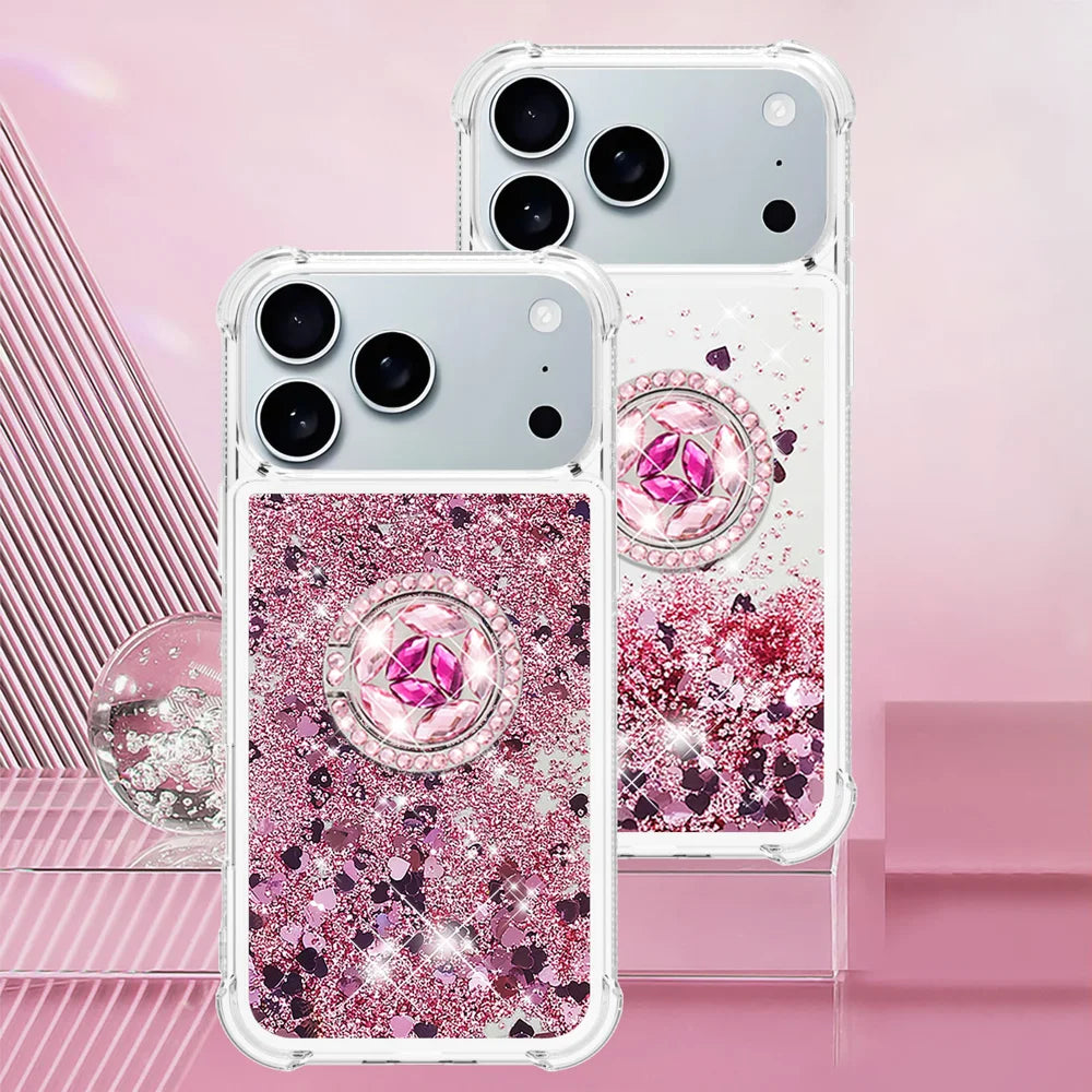 For iPhone 18 Pro / 17 Pro TPU Case with Kickstand Quicksand Shockproof Cover - Rose Gold / Hearts - 7