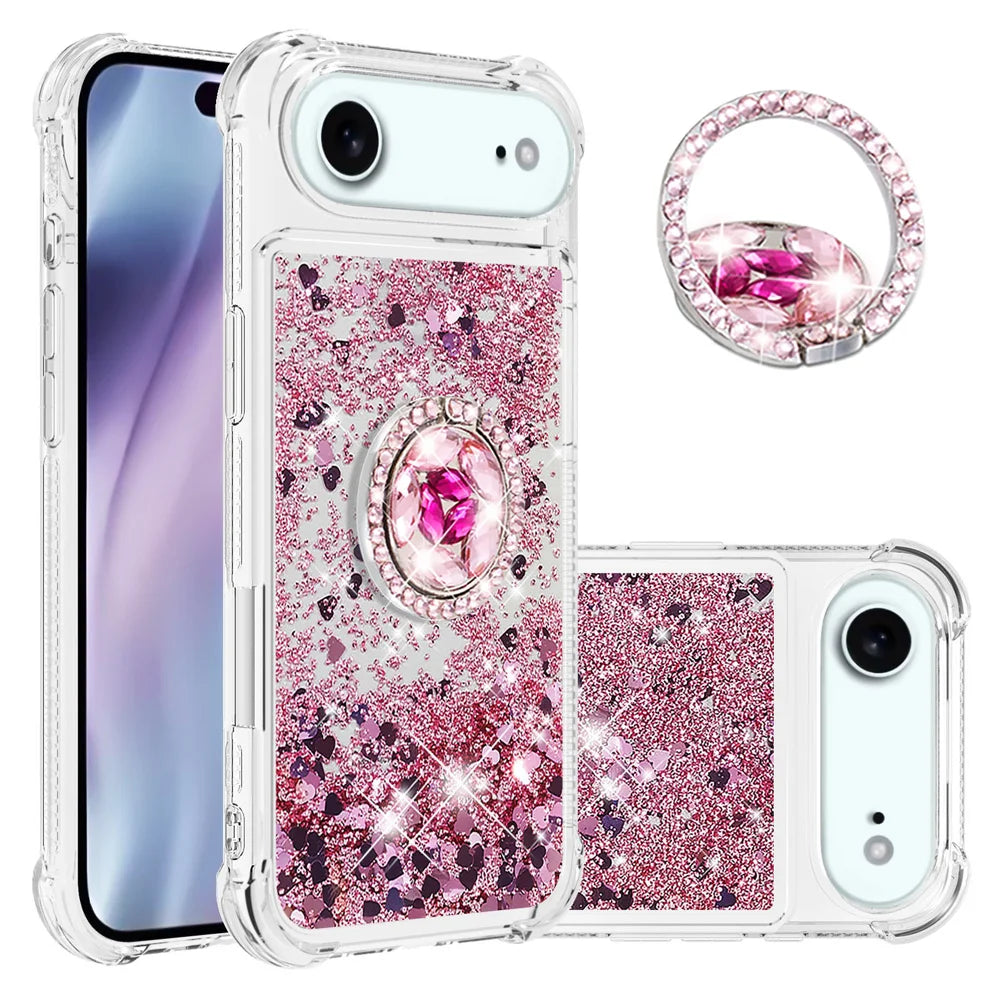 For iPhone Air TPU Case with Kickstand Quicksand Shockproof Cover - Rose Gold / Hearts - 1
