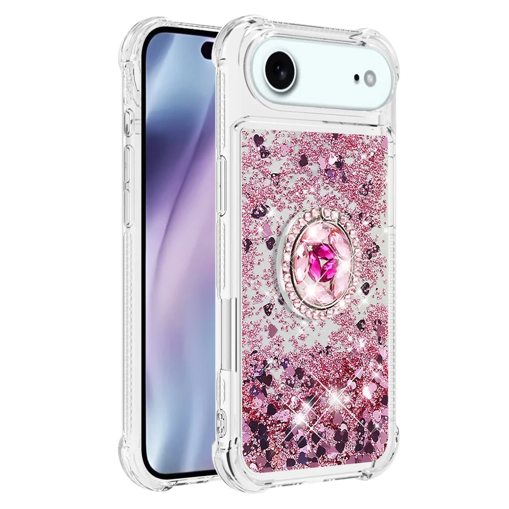 For iPhone Air TPU Case with Kickstand Quicksand Shockproof Cover - Rose Gold / Hearts - 3