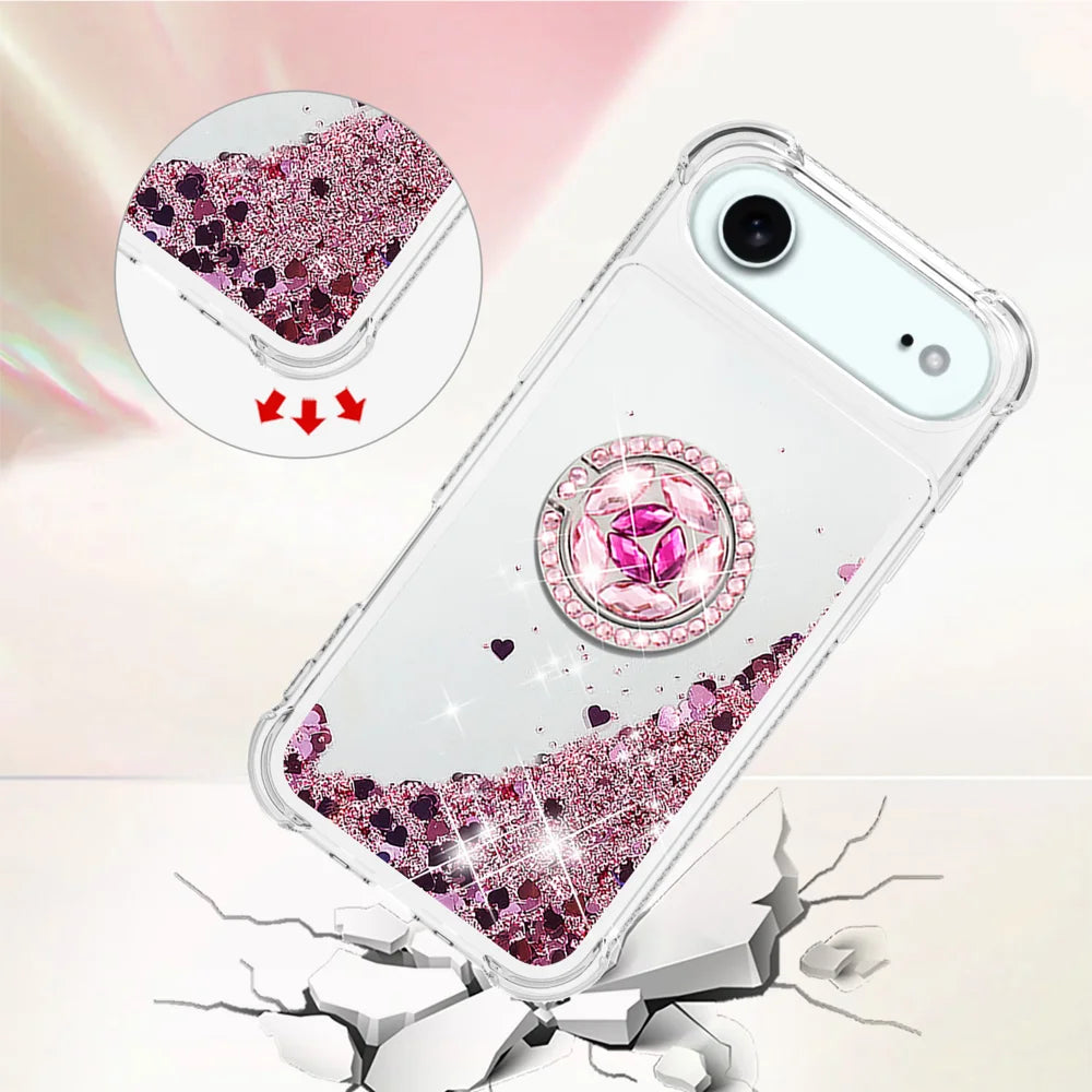For iPhone Air TPU Case with Kickstand Quicksand Shockproof Cover - Rose Gold / Hearts - 4