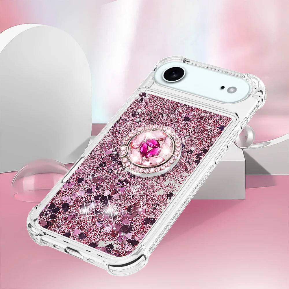 For iPhone Air TPU Case with Kickstand Quicksand Shockproof Cover - Rose Gold / Hearts - 5